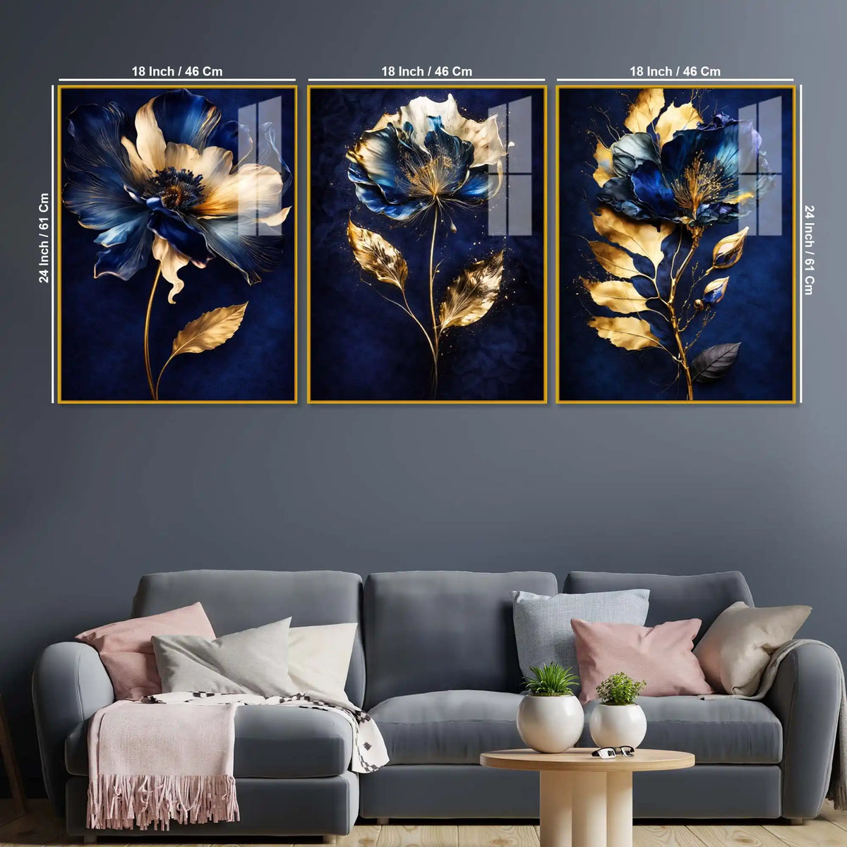 Royal Blue Blossom Symphony Acrylic Floating Frame Wall Painting Set of 3