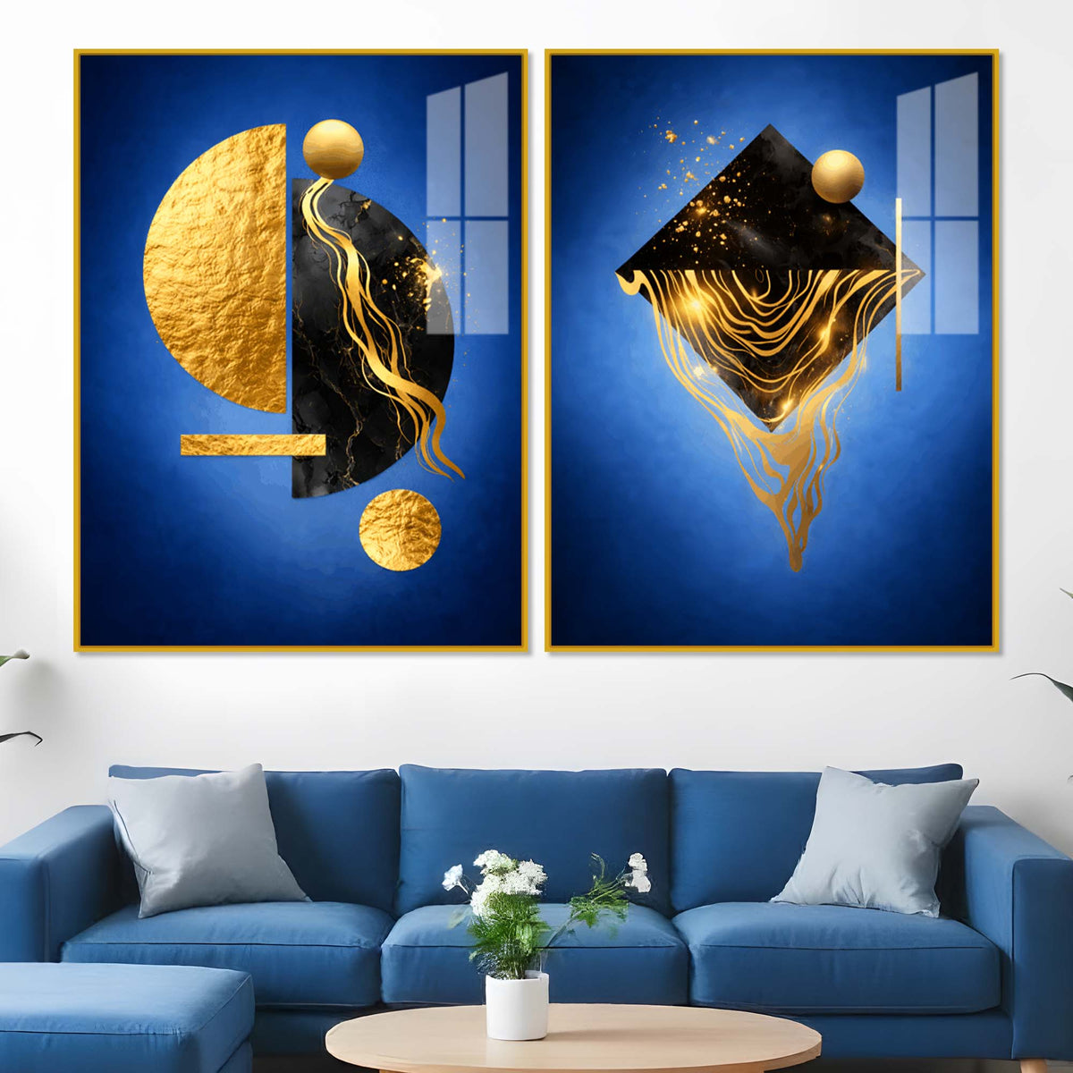 Royal Blue Geometric Abstract Acrylic Floating Wall Painting Set of 2