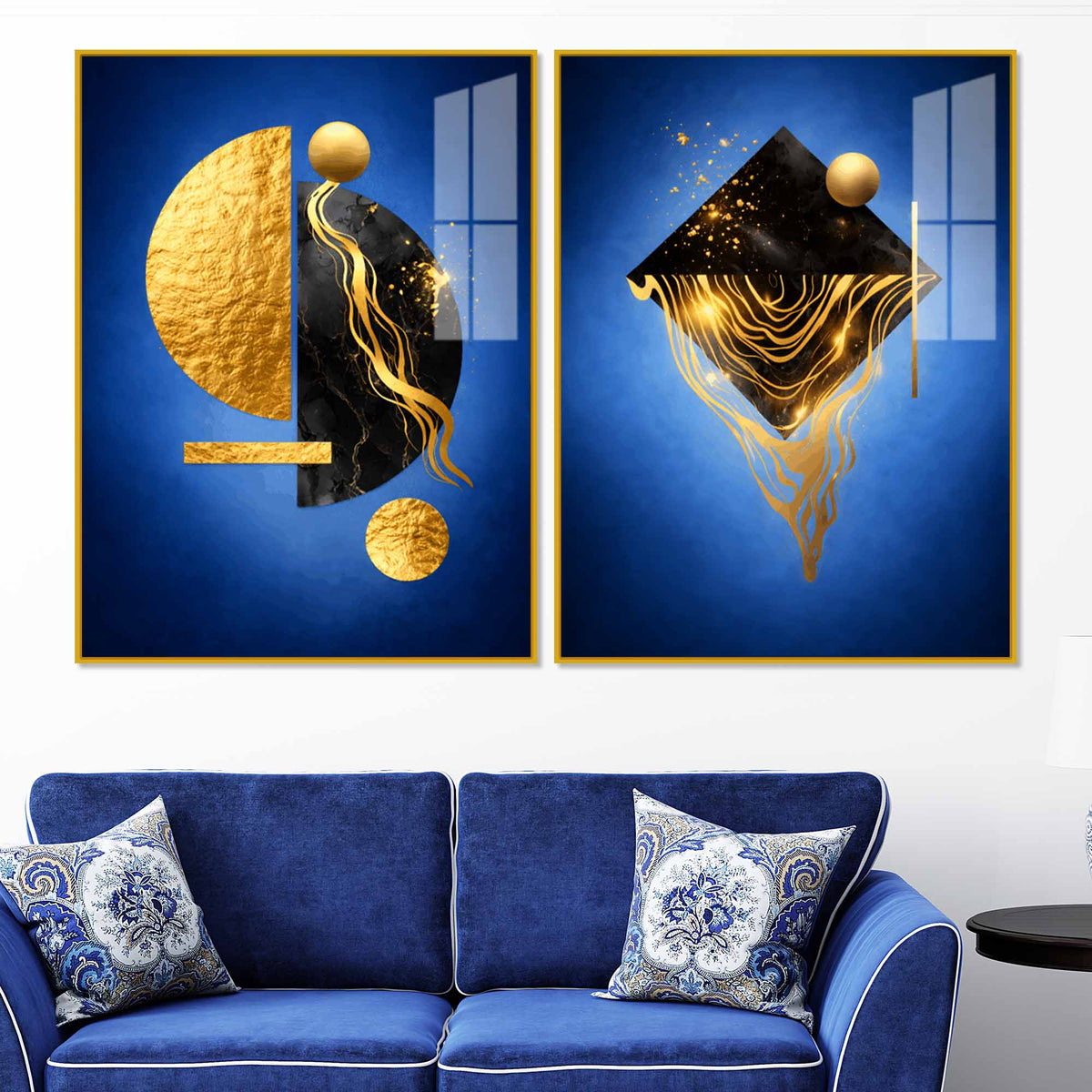 Royal Blue Geometric Abstract Acrylic Floating Wall Painting Set of 2