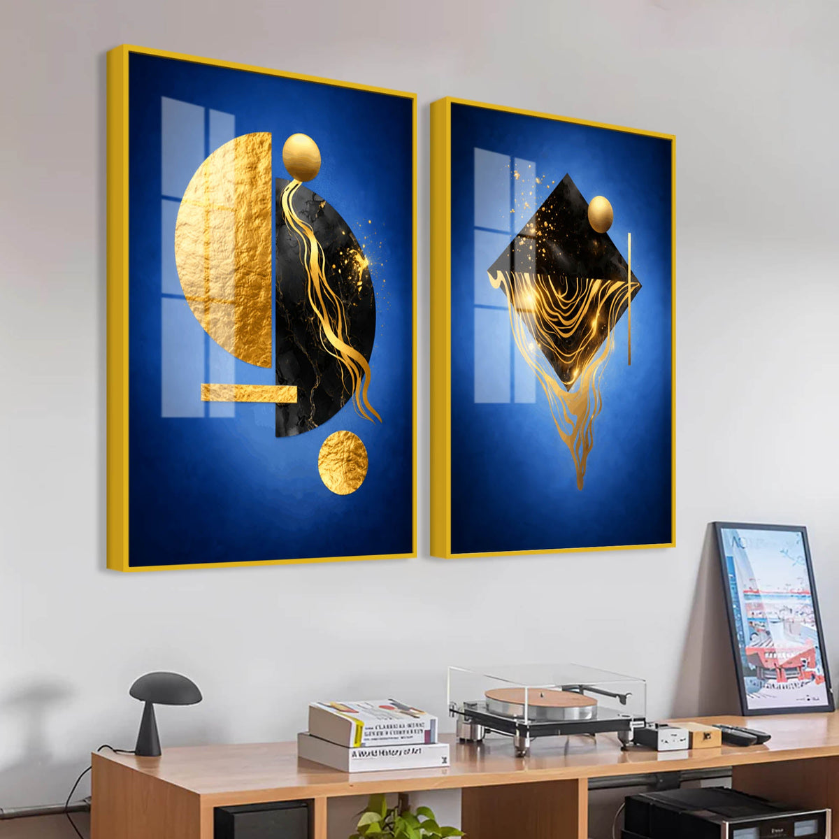 Royal Blue Geometric Abstract Acrylic Floating Wall Painting Set of 2