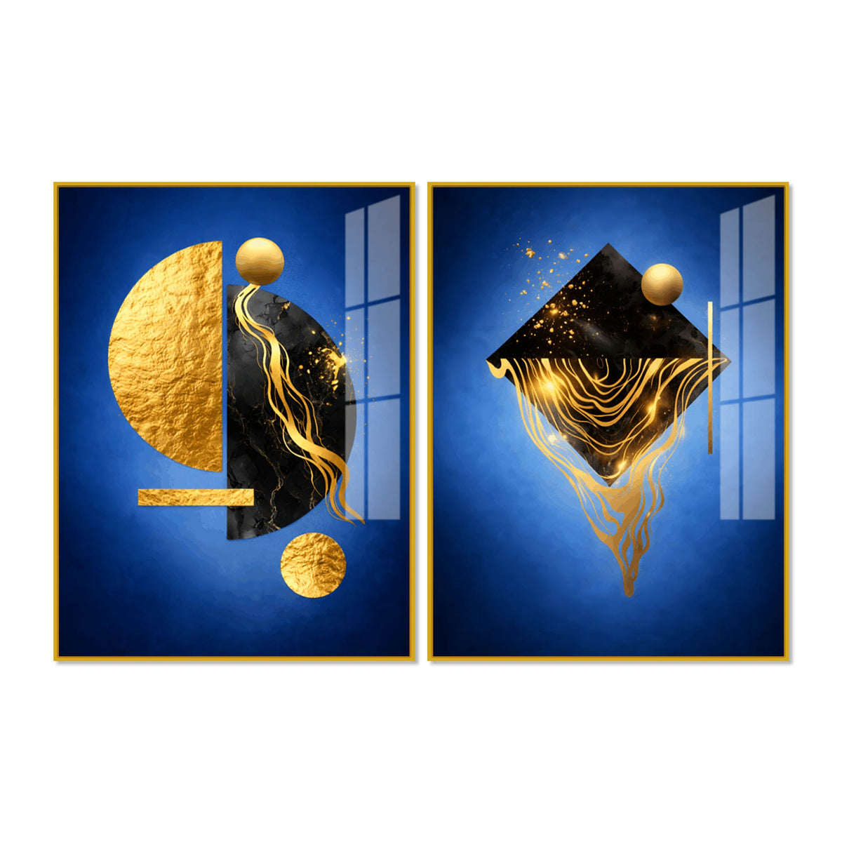 Royal Blue Geometric Abstract Acrylic Floating Wall Painting Set of 2