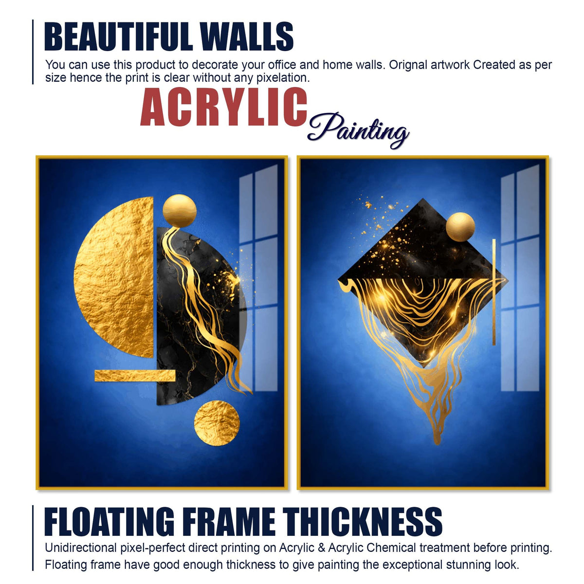 Royal Blue Geometric Abstract Acrylic Floating Wall Painting Set of 2