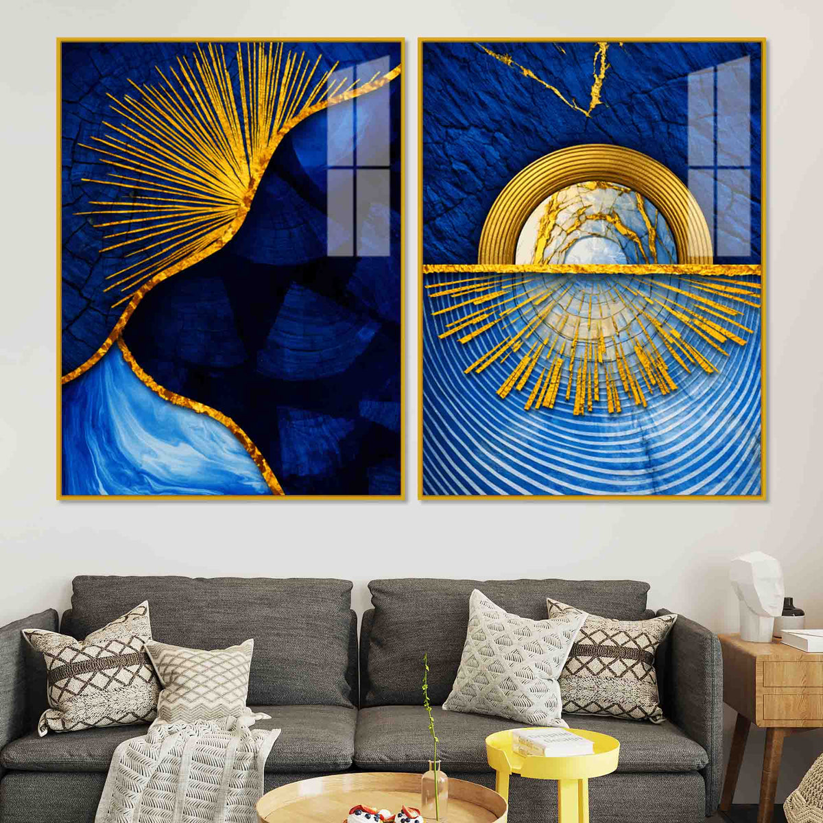 Royal Blue & Golden Sunburst Abstract Acrylic Floating Wall Painting Set of 2
