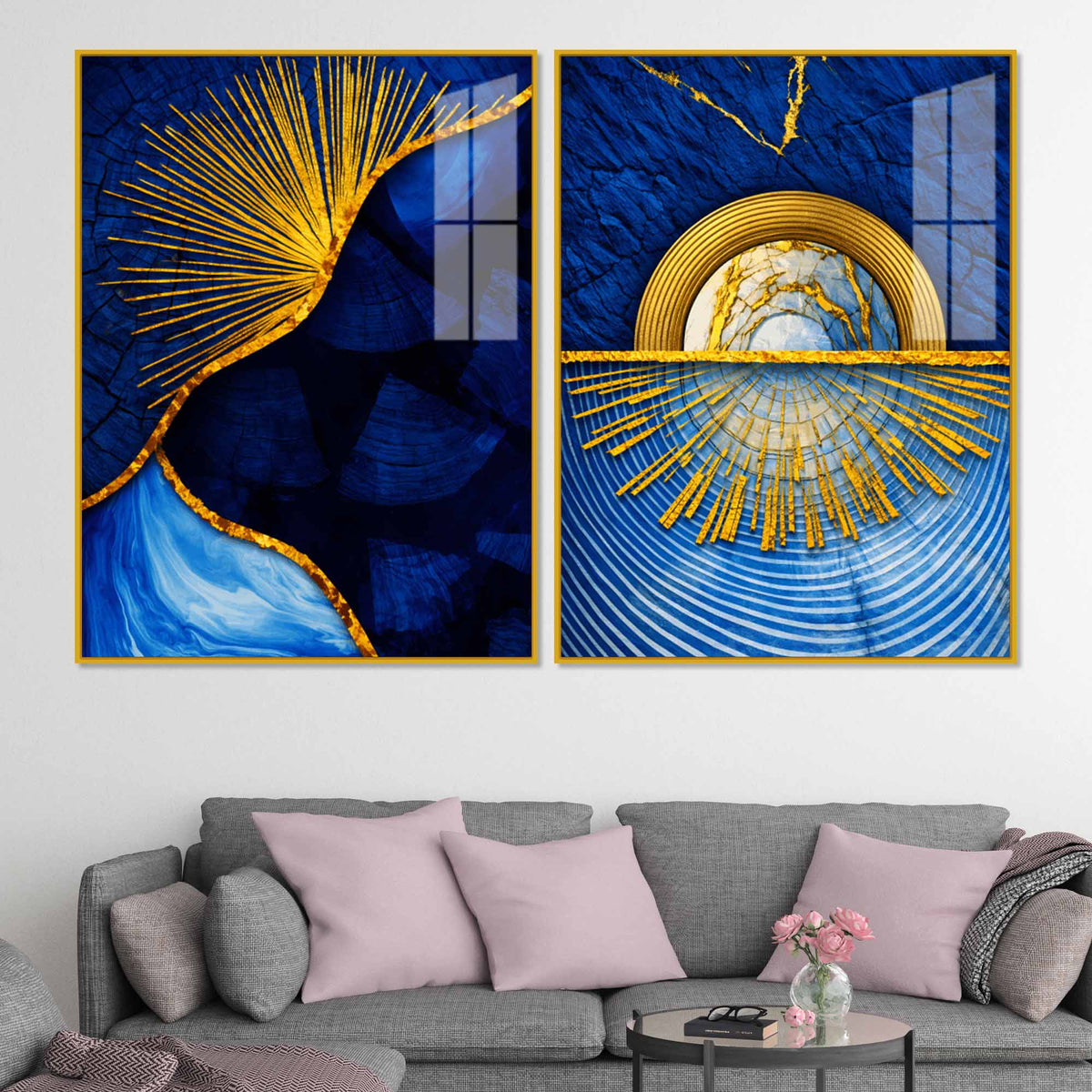 Royal Blue & Golden Sunburst Abstract Acrylic Floating Wall Painting Set of 2