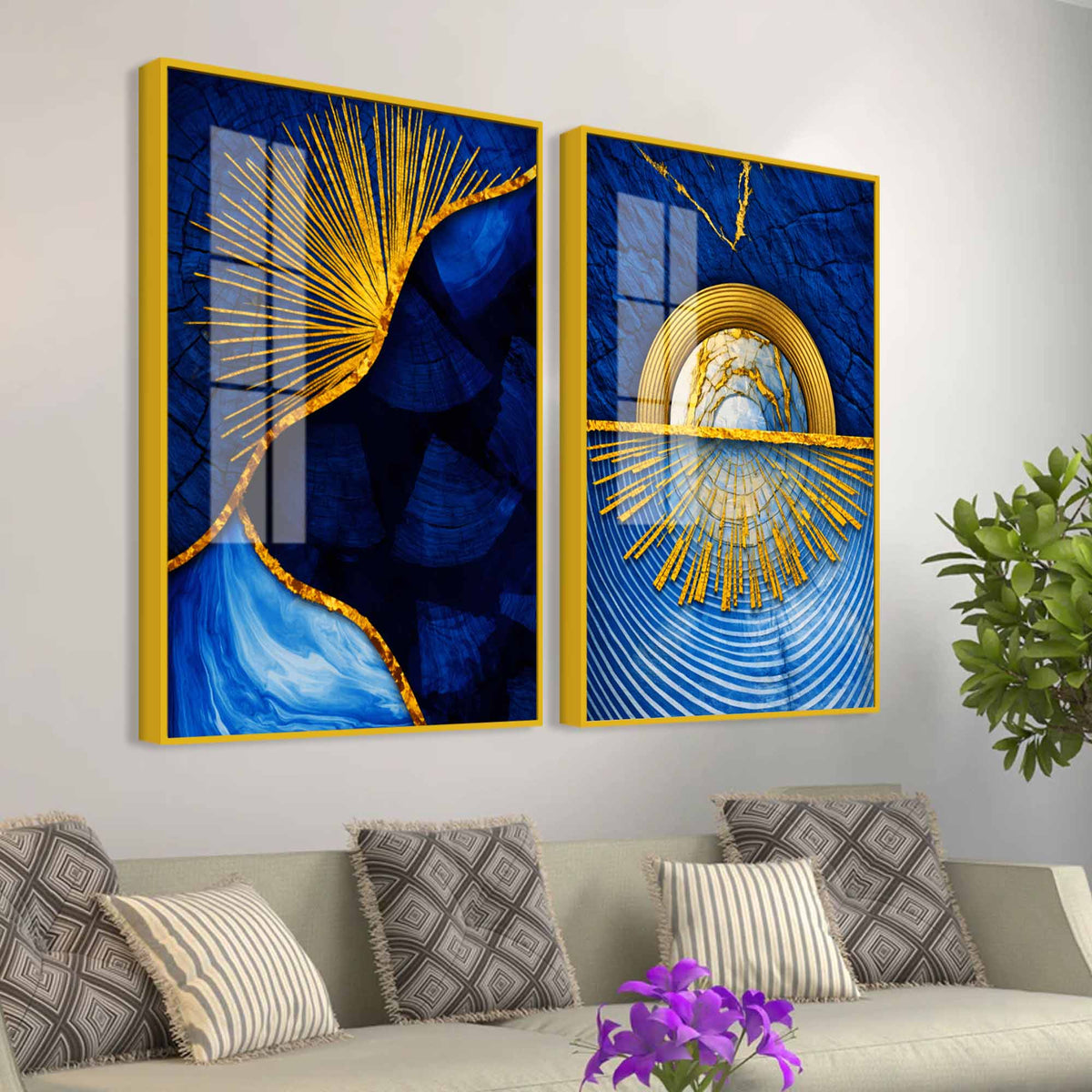 Royal Blue & Golden Sunburst Abstract Acrylic Floating Wall Painting Set of 2