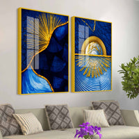 Royal Blue & Golden Sunburst Abstract Acrylic Floating Wall Painting Set of 2