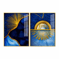Royal Blue & Golden Sunburst Abstract Acrylic Floating Wall Painting Set of 2