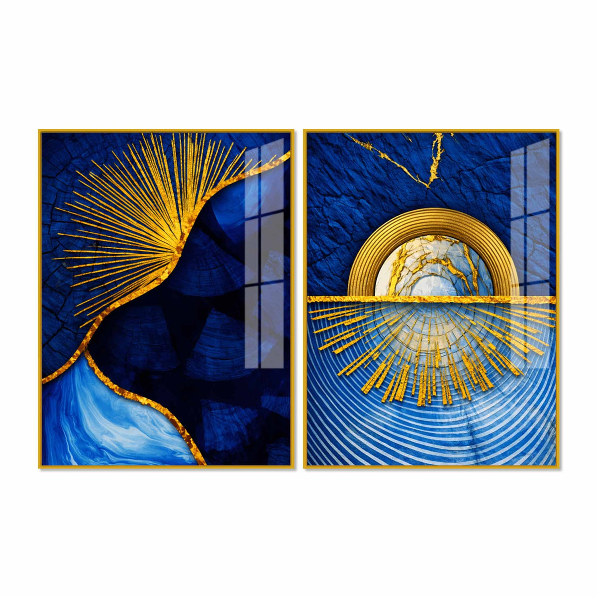 Royal Blue & Golden Sunburst Abstract Acrylic Floating Wall Painting Set of 2