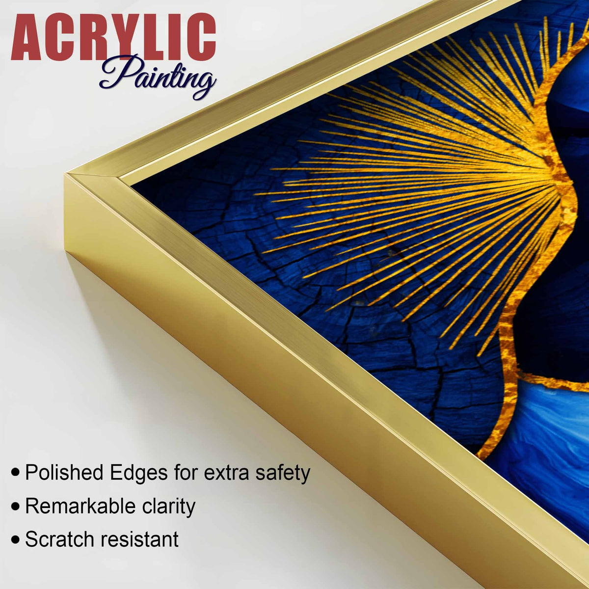 Royal Blue & Golden Sunburst Abstract Acrylic Floating Wall Painting Set of 2