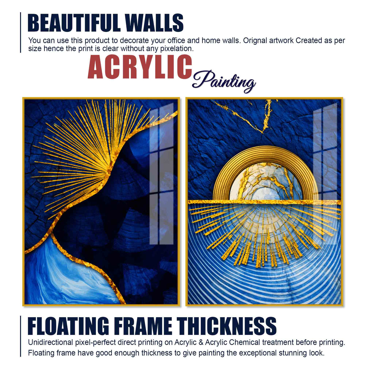 Royal Blue & Golden Sunburst Abstract Acrylic Floating Wall Painting Set of 2