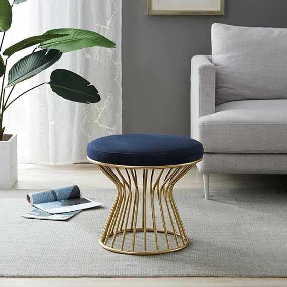 Royal Blue Velvet Pouffe with Glamorous Gold Detailing