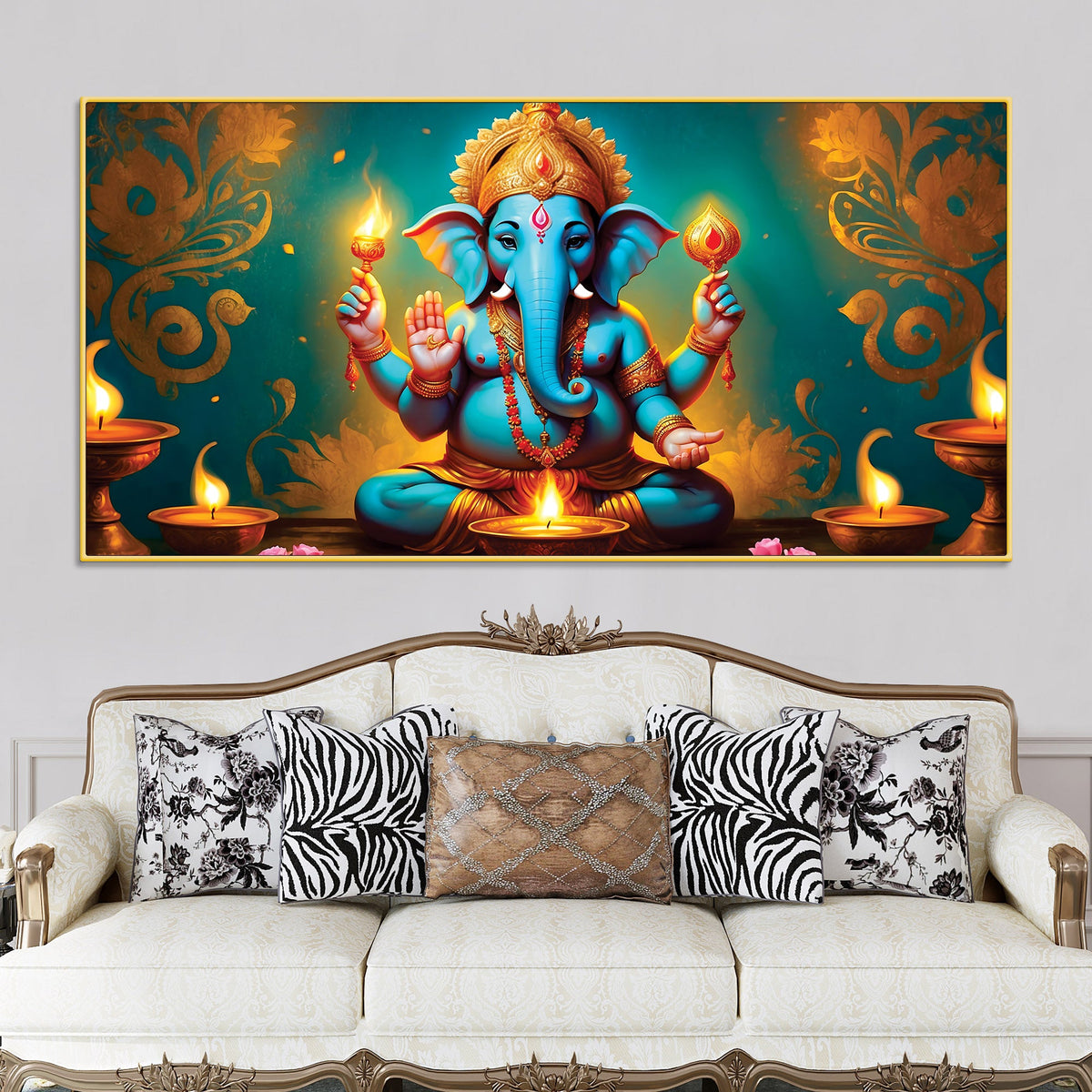 Royal Divine Blue Lord Ganesha Sitted with Golden Lamps Devotional Canvas Wall Painting for Home & Office Decor – Modern Spiritual Wall Art