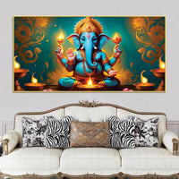 Royal Divine Blue Lord Ganesha Sitted with Golden Lamps Devotional Canvas Wall Painting for Home & Office Decor – Modern Spiritual Wall Art