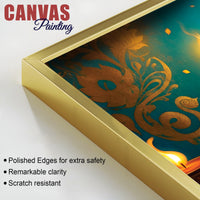 Royal Divine Blue Lord Ganesha Sitted with Golden Lamps Devotional Canvas Wall Painting for Home & Office Decor – Modern Spiritual Wall Art