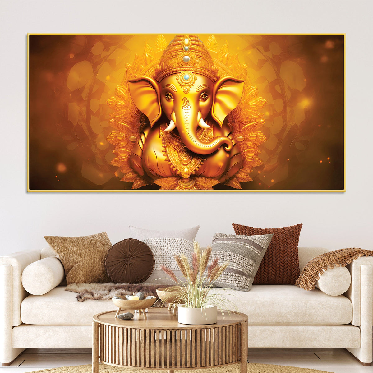 Royal Divine Golden Lord Ganesha Elegant Canvas Wall Painting for Home & Office Decor – Modern Devotional Wall Art