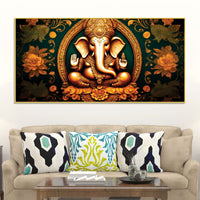 Royal Divine Lord Shri Ganesha with Beautiful Flowers Spiritual Canvas Wall Painting for Home & Office Decor – Modern Devotional Wall Art