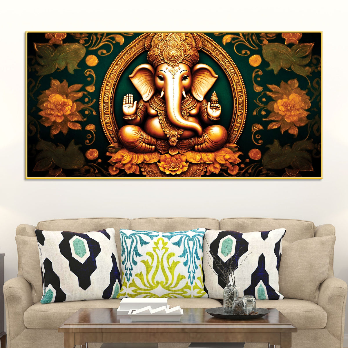 Royal Divine Lord Shri Ganesha with Beautiful Flowers Spiritual Canvas Wall Painting for Home & Office Decor – Modern Devotional Wall Art