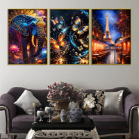 Royal Elephant Butterflies and Paris Eiffel Tower Floating Frame Crystal Wall Painting Set of 3