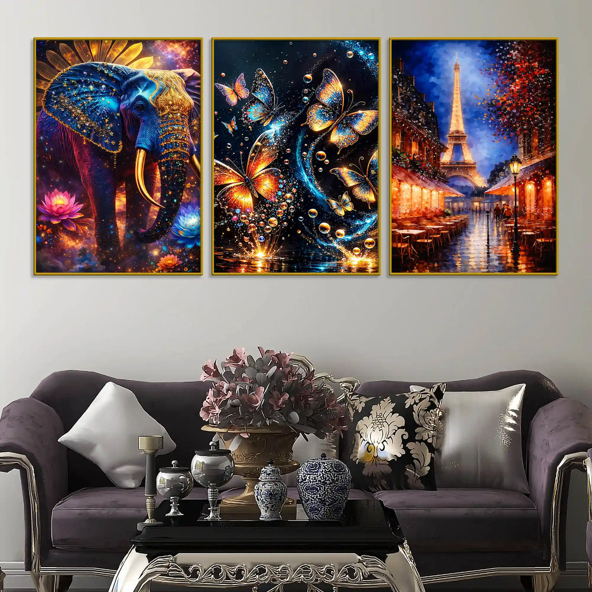 Royal Elephant Butterflies and Paris Eiffel Tower Floating Frame Crystal Wall Painting Set of 3