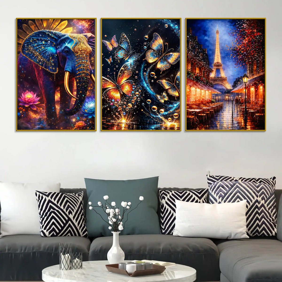 Royal Elephant Butterflies and Paris Eiffel Tower Floating Frame Crystal Wall Painting Set of 3