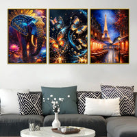 Royal Elephant Butterflies and Paris Eiffel Tower Floating Frame Crystal Wall Painting Set of 3