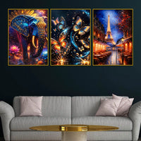 Royal Elephant Butterflies and Paris Eiffel Tower Floating Frame Crystal Wall Painting Set of 3