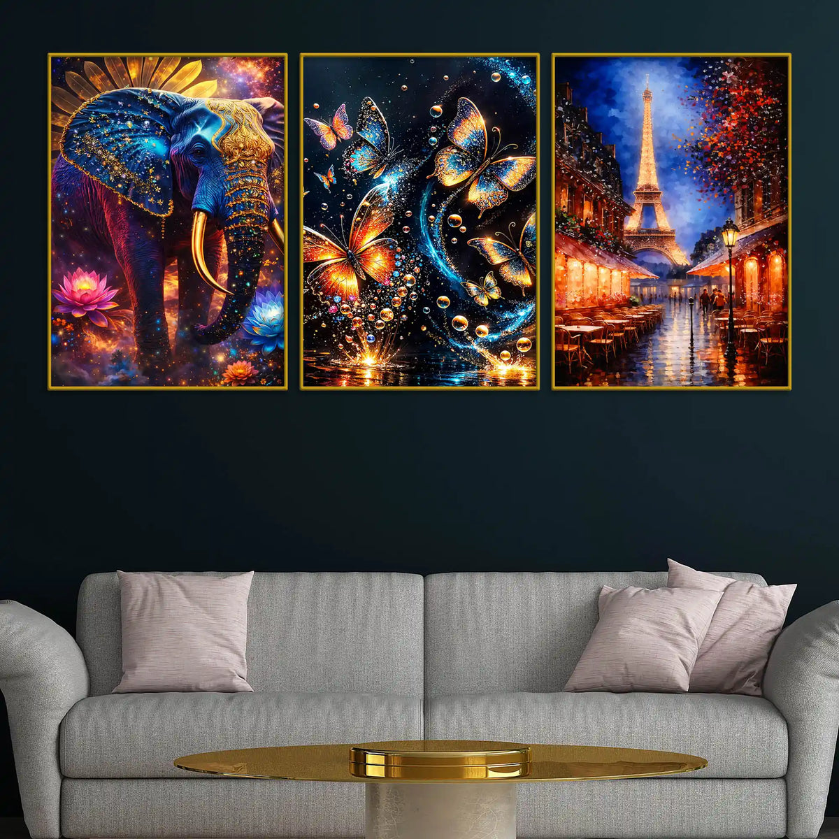 Royal Elephant Butterflies and Paris Eiffel Tower Floating Frame Crystal Wall Painting Set of 3
