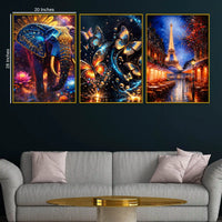 Royal Elephant Butterflies and Paris Eiffel Tower Floating Frame Crystal Wall Painting Set of 3