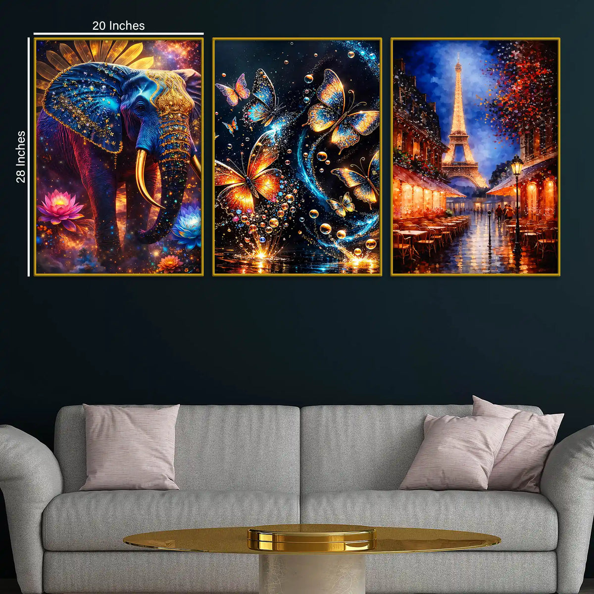 Royal Elephant Butterflies and Paris Eiffel Tower Floating Frame Crystal Wall Painting Set of 3