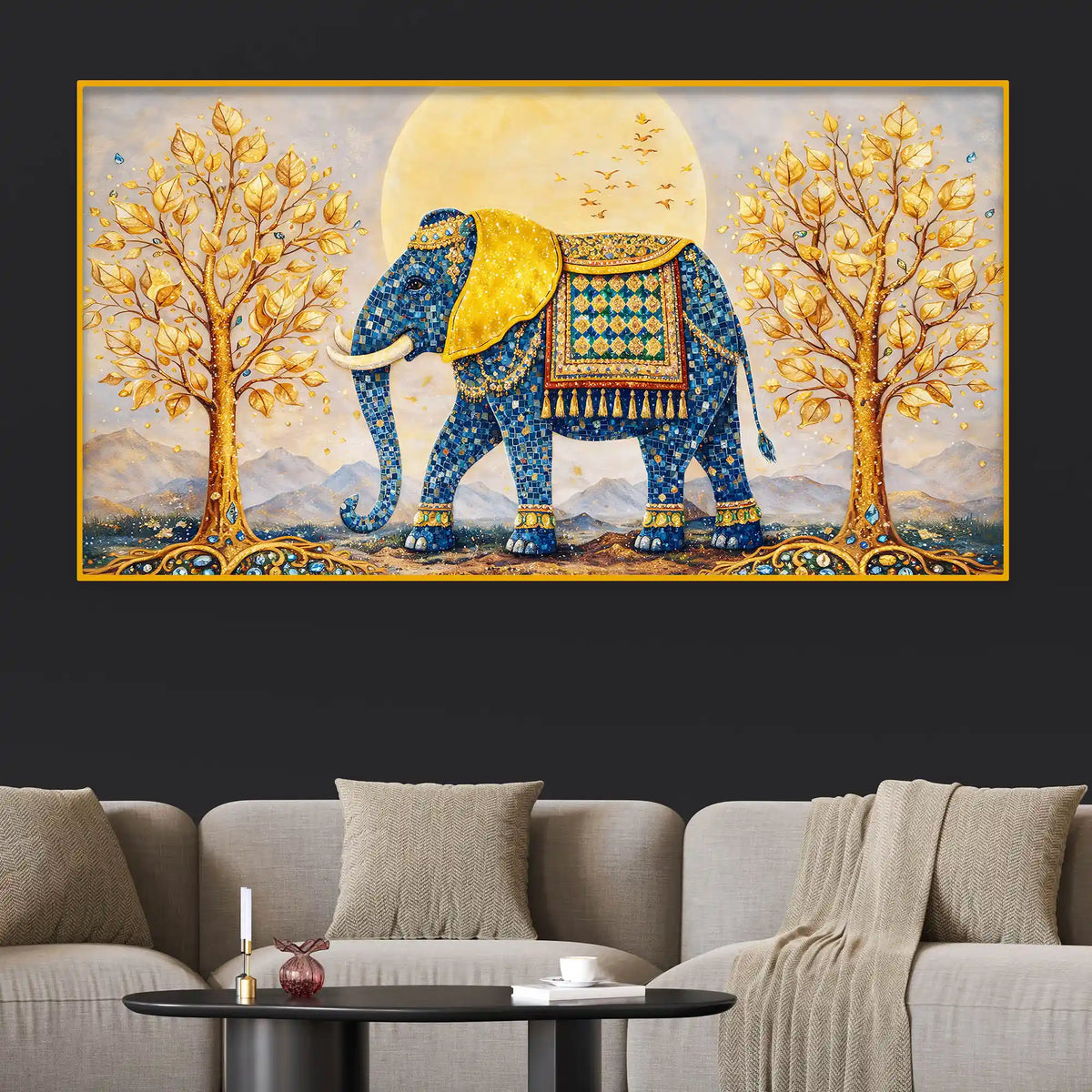 Royal Elephant Crystal Glass Wall Art Painting for Home Interior Décor