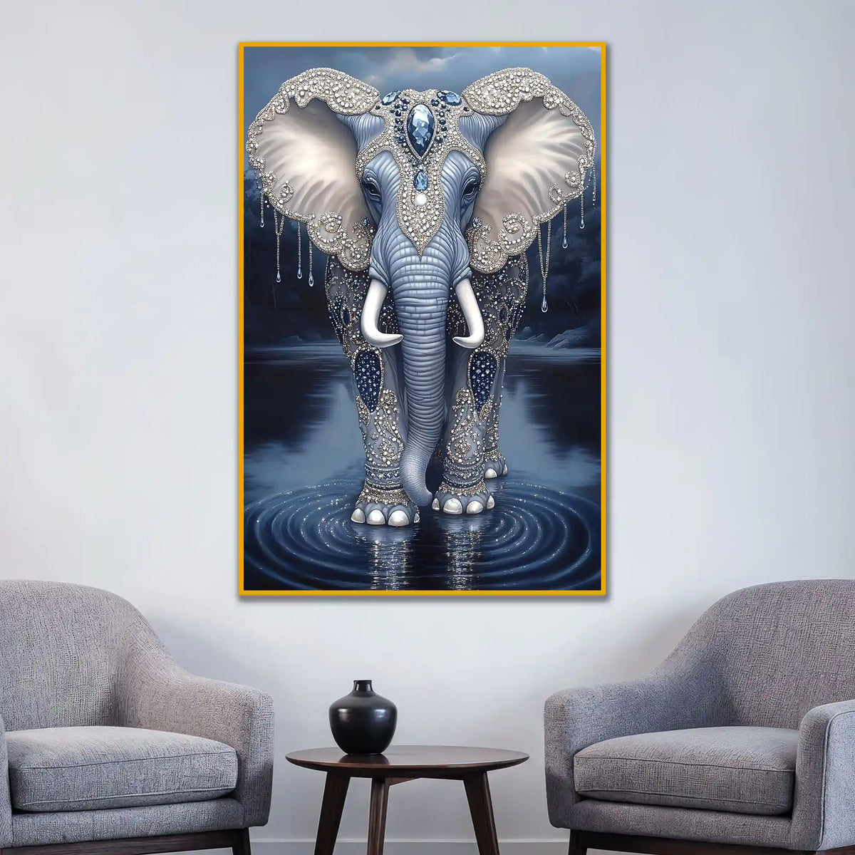 Royal Elephant with Decorative Patterns Floating Frame Crystal Wall Painting