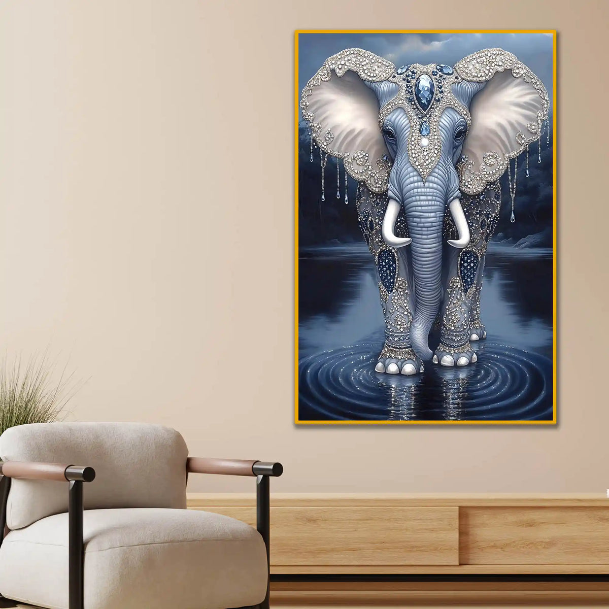 Royal Elephant with Decorative Patterns Floating Frame Crystal Wall Painting