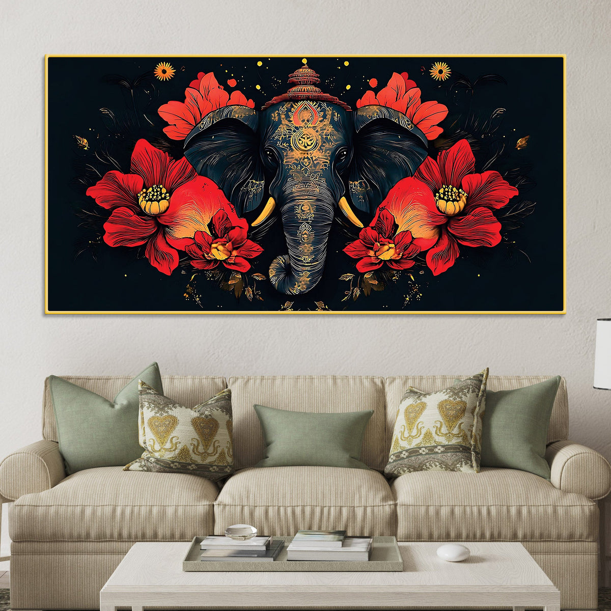 Royal Elephant with Hibiscus flowers Artistic Canvas Wall Painting for Home & Office – Premium Wall Décor
