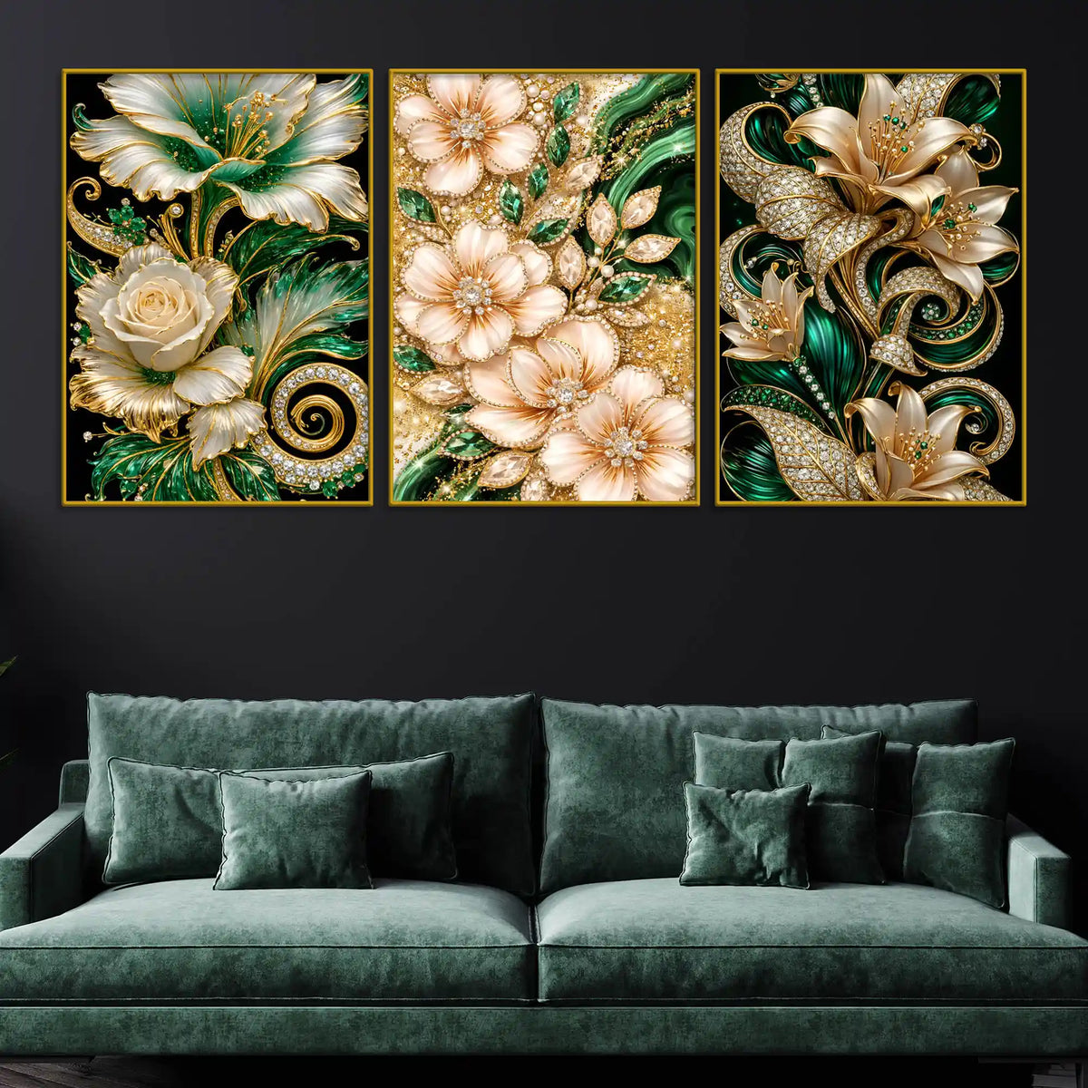 Royal Emerald Green and Rose Gold Flowers Floating Frame Crystal Wall Painting Set of 3