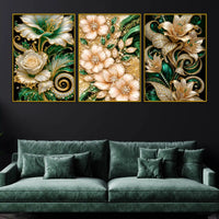 Royal Emerald Green and Rose Gold Flowers Floating Frame Crystal Wall Painting Set of 3