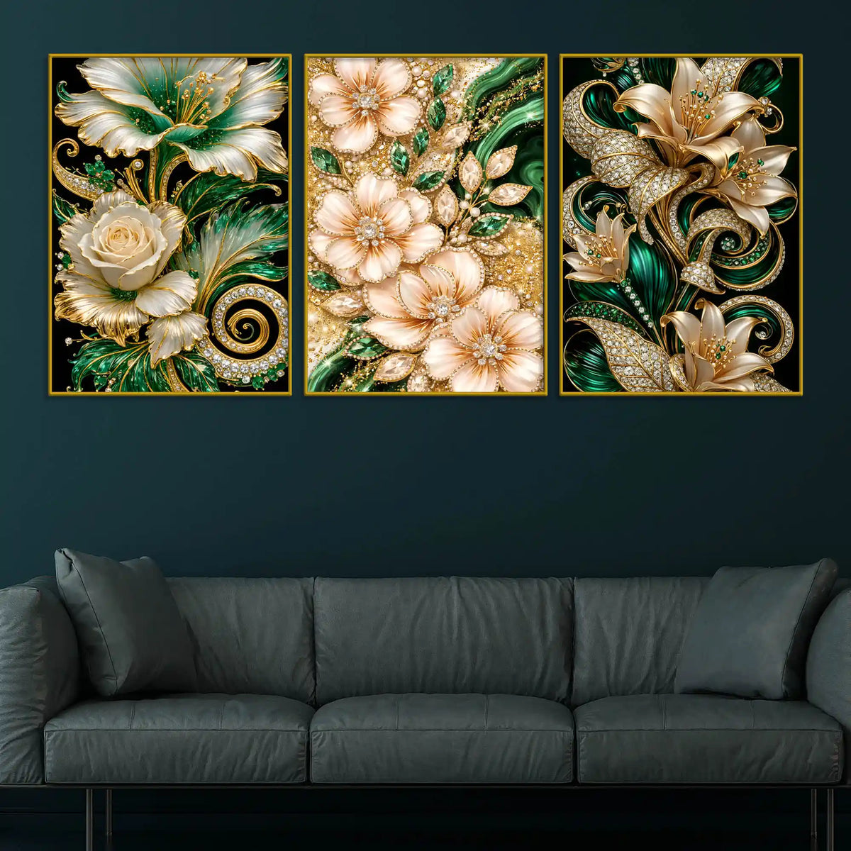 Royal Emerald Green and Rose Gold Flowers Floating Frame Crystal Wall Painting Set of 3