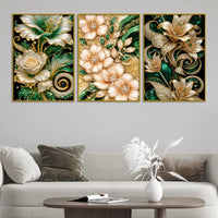 Royal Emerald Green and Rose Gold Flowers Floating Frame Crystal Wall Painting Set of 3