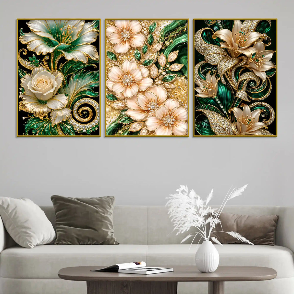 Royal Emerald Green and Rose Gold Flowers Floating Frame Crystal Wall Painting Set of 3