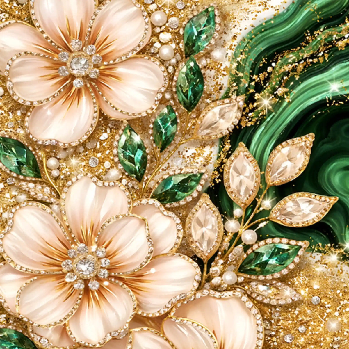 Royal Emerald Green and Rose Gold Flowers Floating Frame Crystal Wall Painting Set of 3