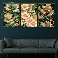Royal Emerald Green and Rose Gold Flowers Floating Frame Crystal Wall Painting Set of 3