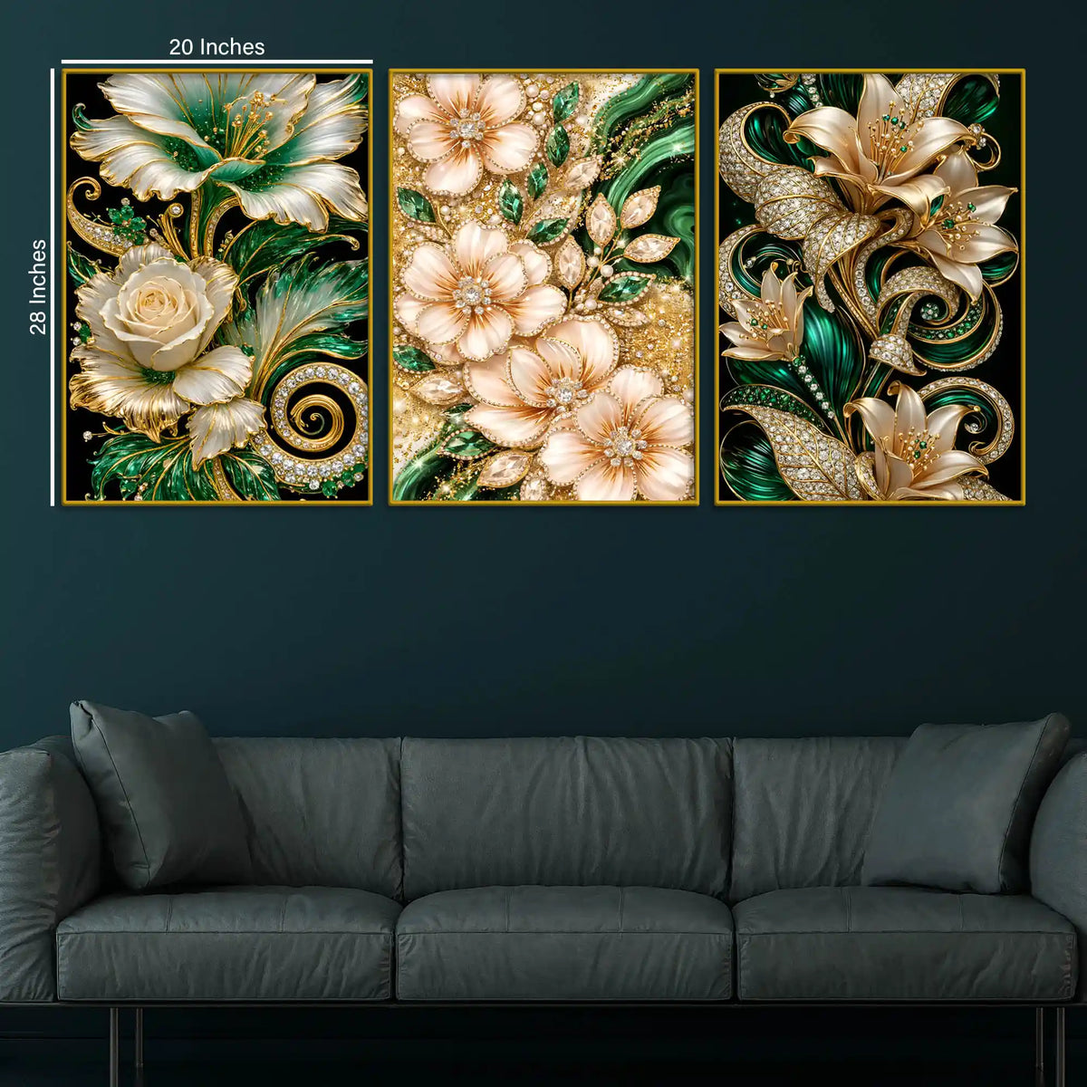 Royal Emerald Green and Rose Gold Flowers Floating Frame Crystal Wall Painting Set of 3