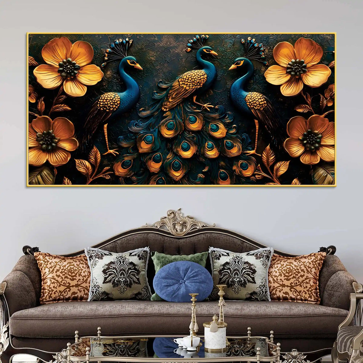 Royal Gathering of Three Peacocks in Blooming Golden Garden Canvas Painting