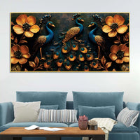 Royal Gathering of Three Peacocks in Blooming Golden Garden Canvas Painting