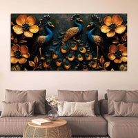 Royal Gathering of Three Peacocks in Blooming Golden Garden Canvas Painting