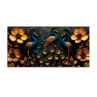Royal Gathering of Three Peacocks in Blooming Golden Garden Canvas Painting