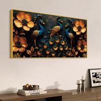 Royal Gathering of Three Peacocks in Blooming Golden Garden Canvas Painting
