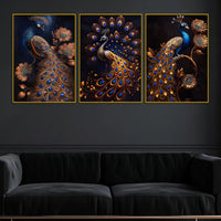 Royal Gold Peacock with Blue Jewel Tones Floating Frame Crystal Wall Painting Set of 3