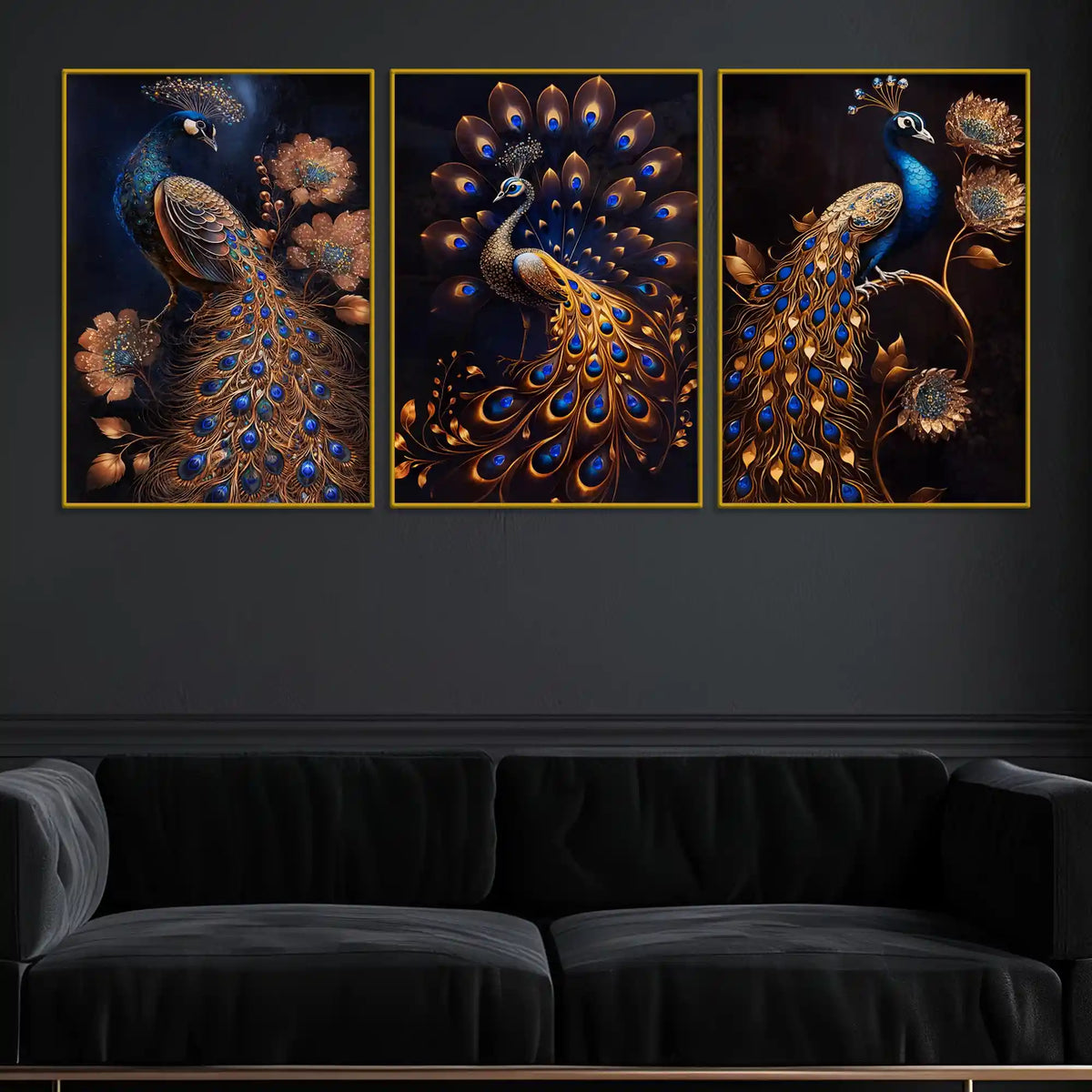 Royal Gold Peacock with Blue Jewel Tones Floating Frame Crystal Wall Painting Set of 3
