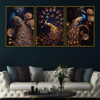 Royal Gold Peacock with Blue Jewel Tones Floating Frame Crystal Wall Painting Set of 3