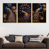 Royal Gold Peacock with Blue Jewel Tones Floating Frame Crystal Wall Painting Set of 3
